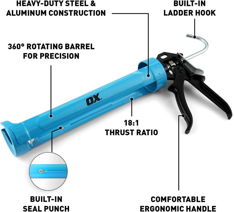 Ox Pro 29 Ounce Heavy Duty Caulk Gun - 18:1 Thrust Ratio 360-Degree Rotating Barrel Caulking Gun - Steel and Aluminum Construction with Ergonomic Handle Caulking Tool -T046502 - Image 2